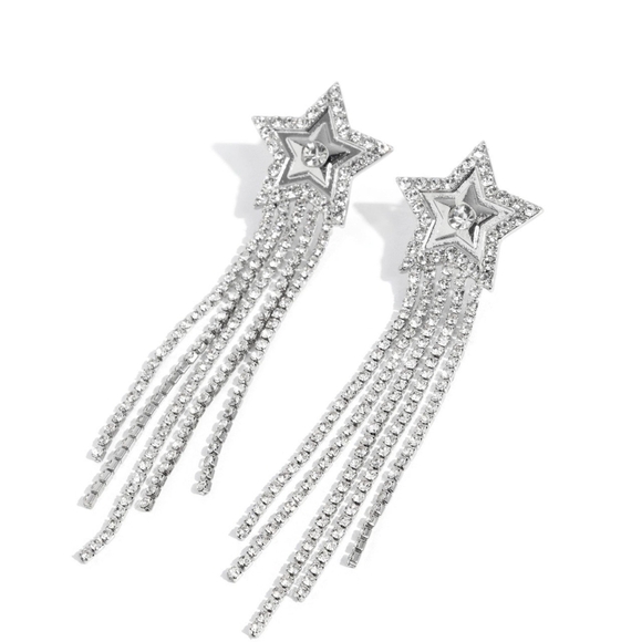 Paparazzi Silver Star Cascade Earrings Currently Cosmic White Post E Dangling - Picture 1 of 2